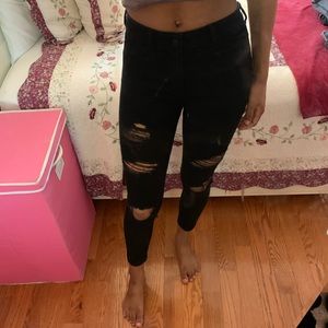 High rise black distressed jeans